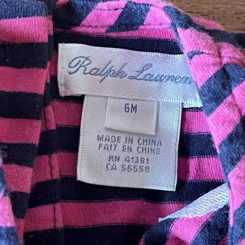 RALPH LAUREN BABY GIRL PINK Blue Striped LONG SLEEVE DRESS & BLOOMER SET 6 MO